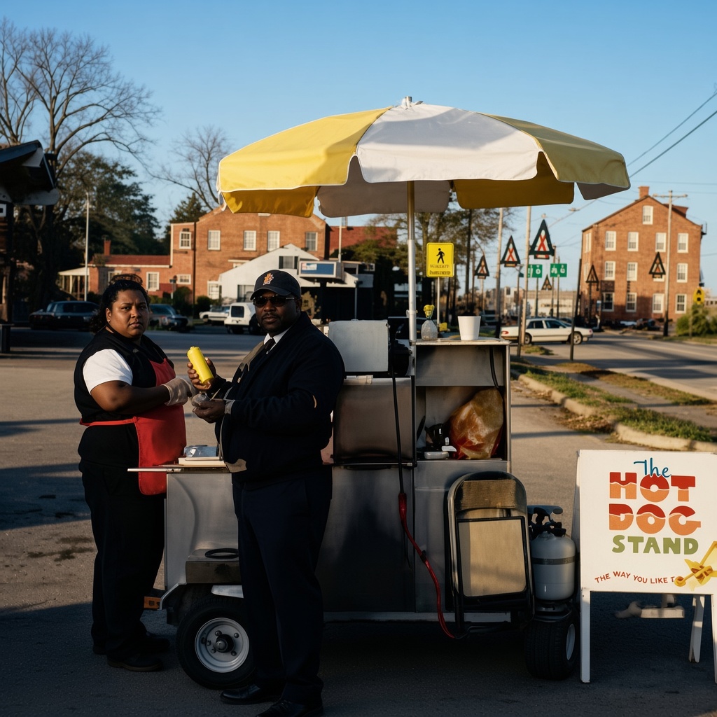 Kenneth Lacy serving customers at The Hot Dog Stand cart